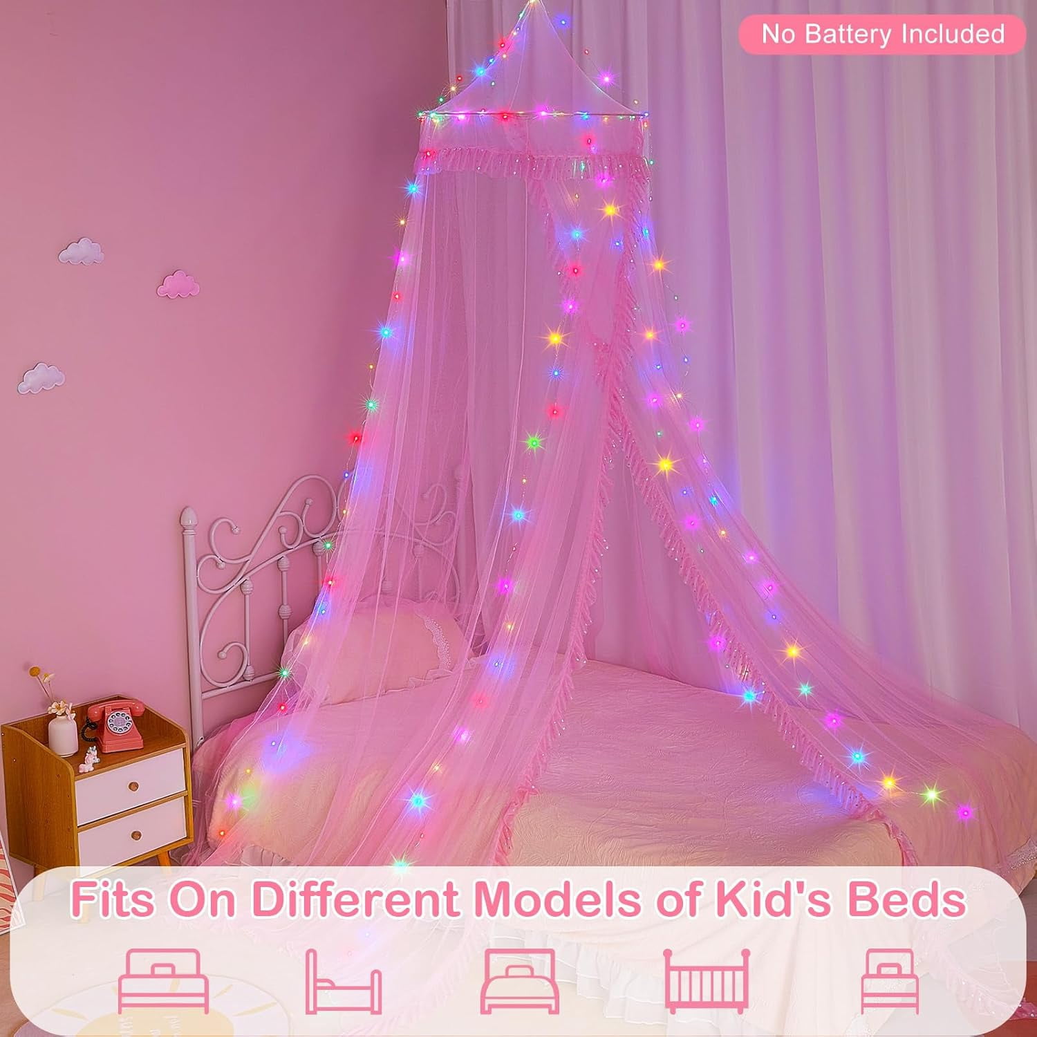 Bed Canopy for Girls with Remote Timer Breathable Canopy Bed Curtains with 8 Modes LED Lights Net Canopy for Bed for Girls Room Decor,Pink