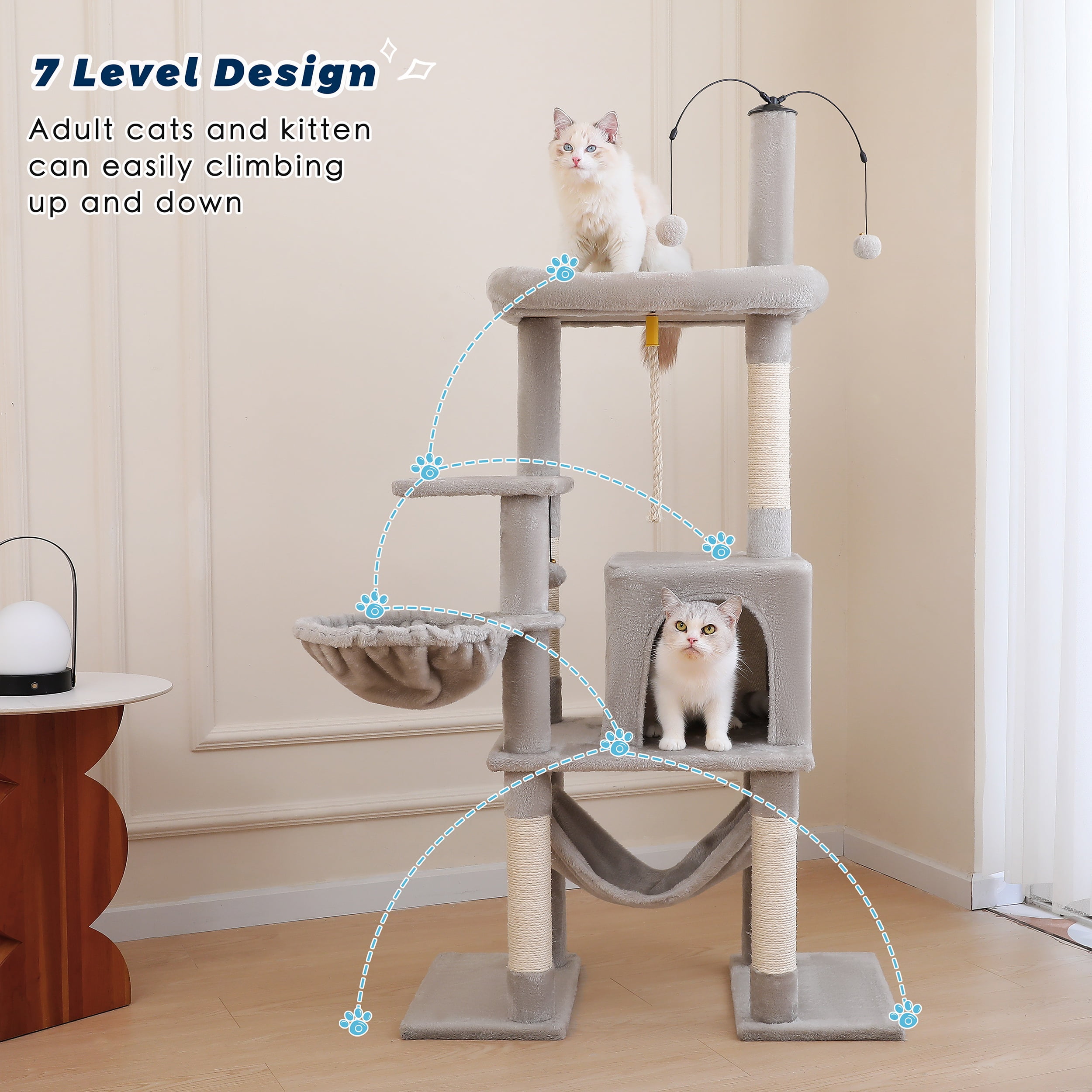 Vibrant Life 58.5 Inch Multi-Level Cat Tree Tower with Dangling Ball and Double Base, Light Gray