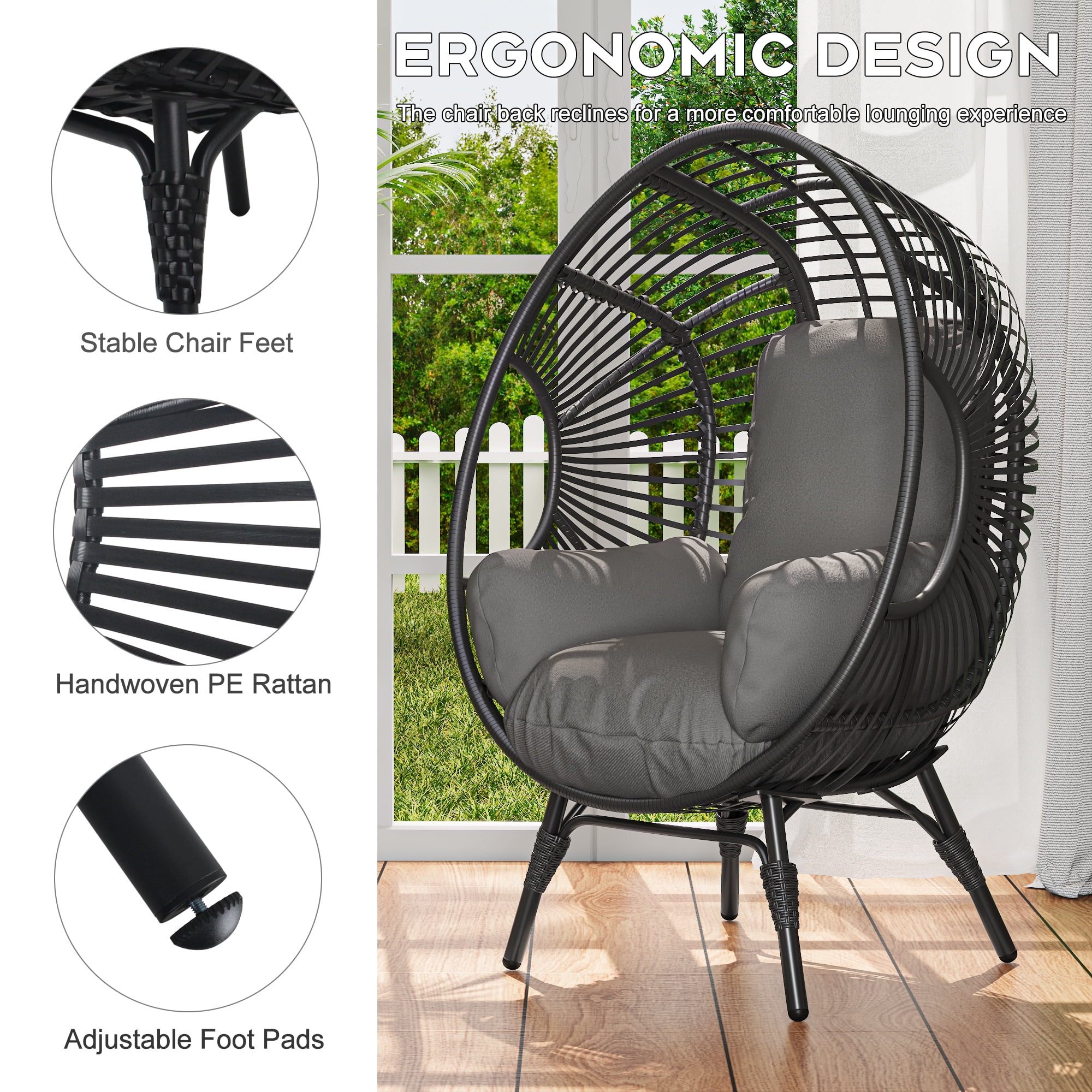 Leumius Outdoor Egg Chairs,Oversized Outdoor Patio Wicker Egg Shell Lounger Lawn Chair with Cushion for Indoor Porch Balcony Backyard,Black+ Gray