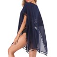 thumbnail image 3 of Women Chiffon Tassel Bohemian Swim Cover Ups Bikini Tunic Beach Dress Summer Casual Shirt Dress Irrgular Hems Boho Style Poncho Swimsuit Beach Stylish Pompom Trim Bathing Suit Swimwear, 3 of 6