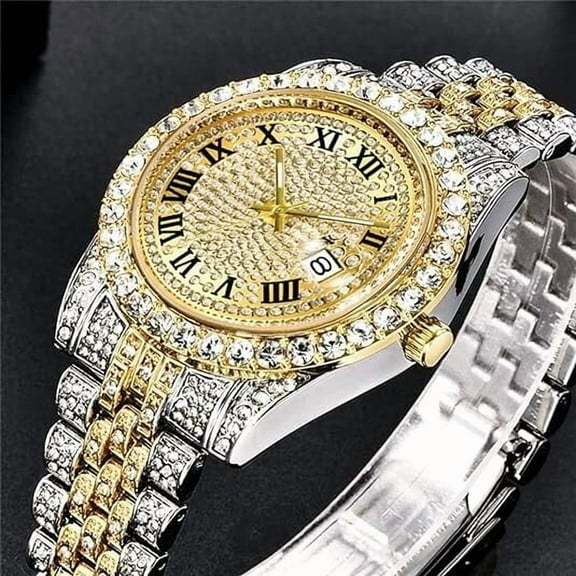 Men's Watch Hip Hop Iced Two Tone Rapper Bling CZ Luxury Date Analog Fashion