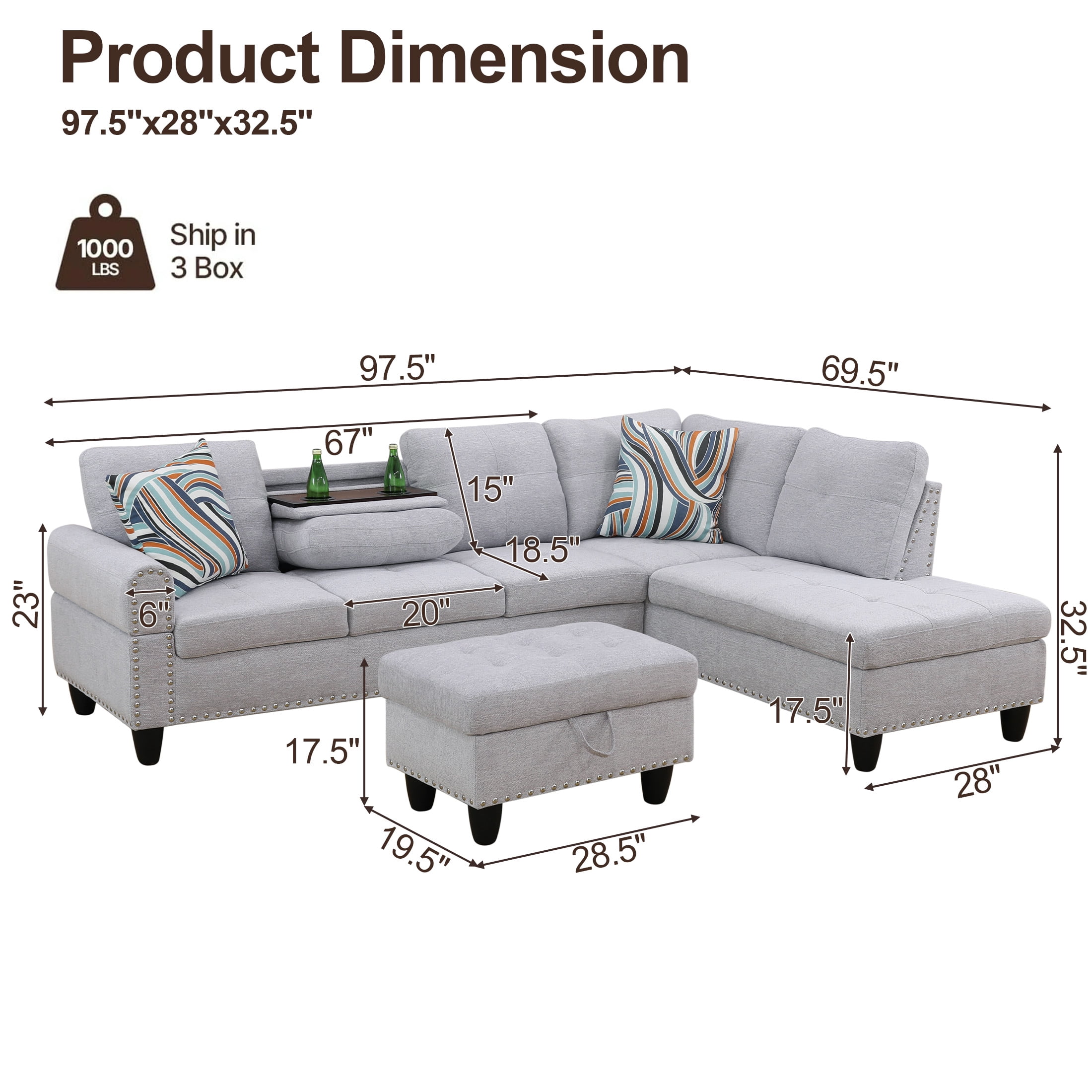 AENKYO 98" L-Shaped Sectional Sofa with Reversible Chaise, Storage Ottoman & Cup Holders, Flannel, Light Gray