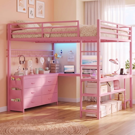 Toogaho Full Loft Bed with U-Shaped Desk & 6 Storage Drawers & Charging Station & LED Lights,Metal Loft Bed with 2 Open Shelves & 13"H Guardrail,No Box Spring Needed,Pink