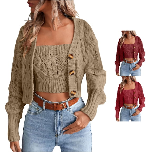 HCYSFG Womens 2 Piece Outfit Set Solid Color Cable Knit Crop Top Long Sleeve Button Front Cardigan Matching Clothing Set