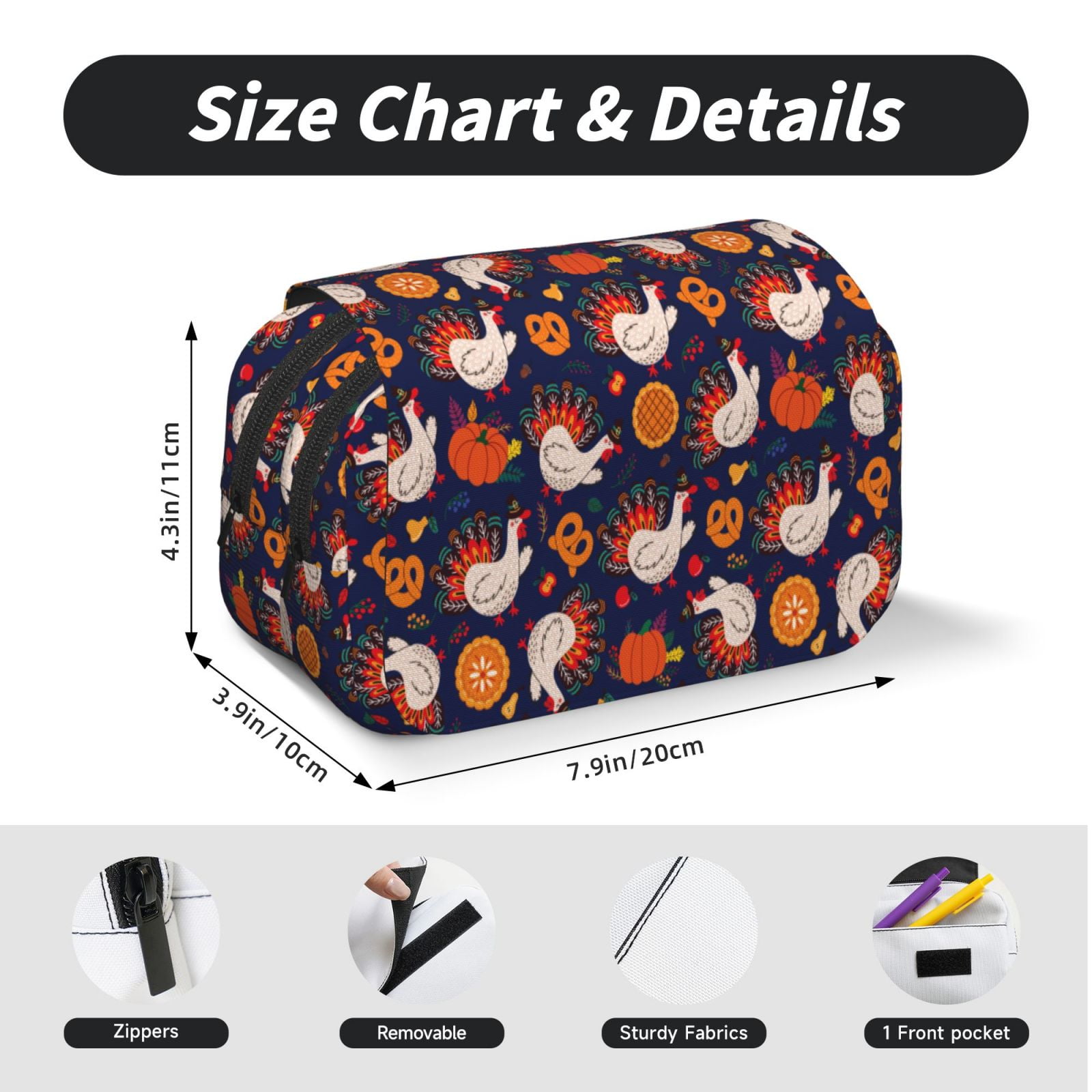 Rateoe Turkey And Thanksgiving Pattern Double Clamshell Pen Case, Storage Organizer with Two Zipper Compartments– Holds Up to 50 Pencils & Pens