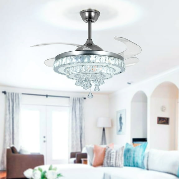 More Change 42" Crystal Chandelier w/Retractable Blades Ceiling Fan Remote LED 3-Color Light
