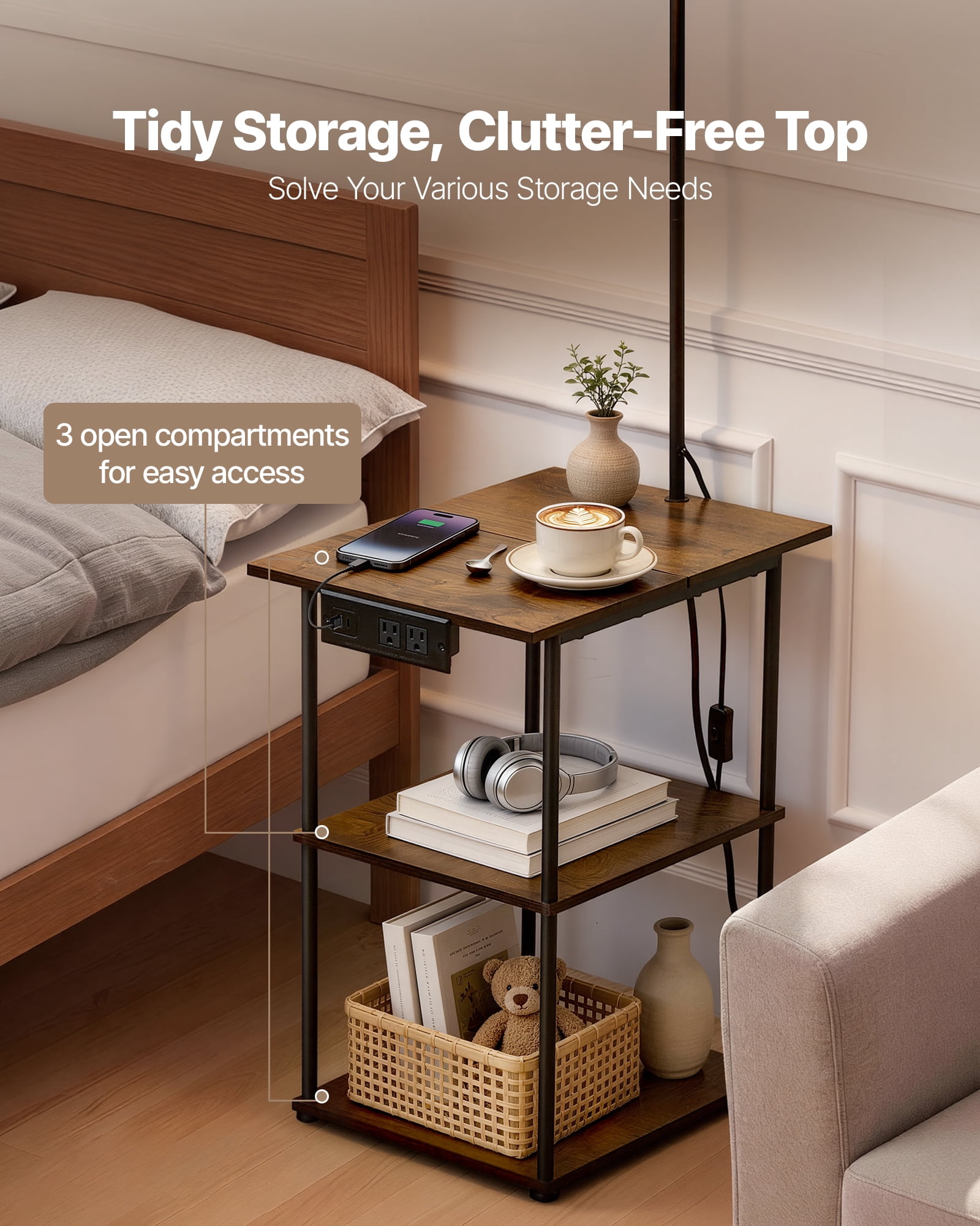 VEVOR Floor Lamp with Table, Narrow 3-Tier End Table with Open Shelves & 3 Color Temperature Lighting, Side Nightstand Bedside Desk with USB & Type C & AC Charging Port for Living Room, Bedroom, Dorm