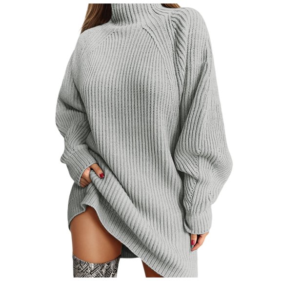 UJNDER Knitted Sweater Dress Long Sleeve Mid Length Turtleneck Pullover Tunic for Fall Winter Casual Comfortable Outfits Light Gray XXL