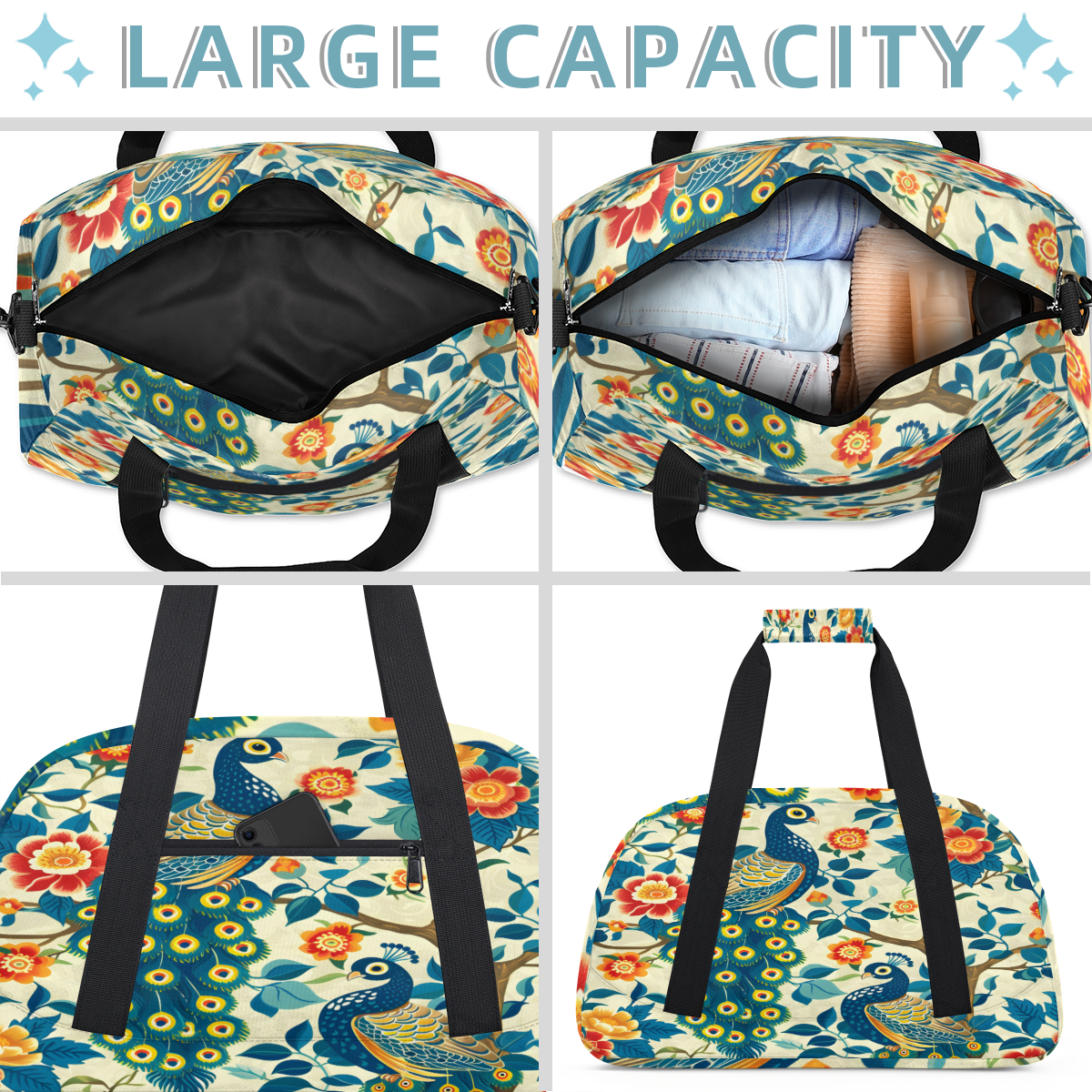 Herdesigns Peacock Sports Duffle Bag for Women & Men, Peacock Flower Gym Bag Dance Bag Overnight Bag Carry On Weekender Travel Bag