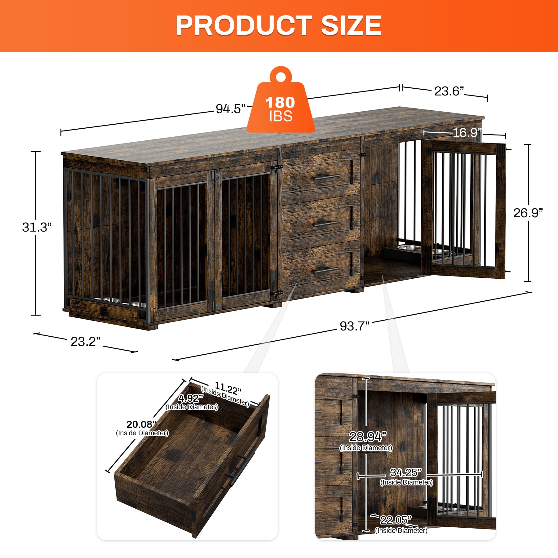 Rophefx 95.4" Dog Crate Furniture for 2 Dogs,Large Kennel with 3 Drawers and 4 Bowls,Wooden Heavy Duty Indoor Dog House,Brown