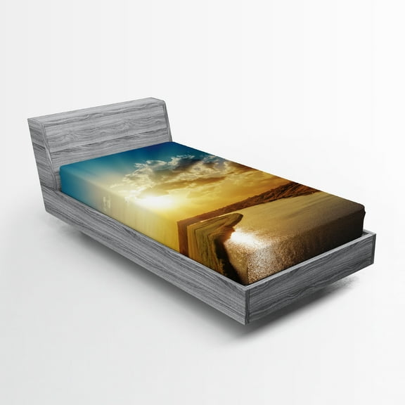 Ambesonne Scenery Fitted Sheet, Dreamy Sunset on River, Twin XL Size, Blue Yellow