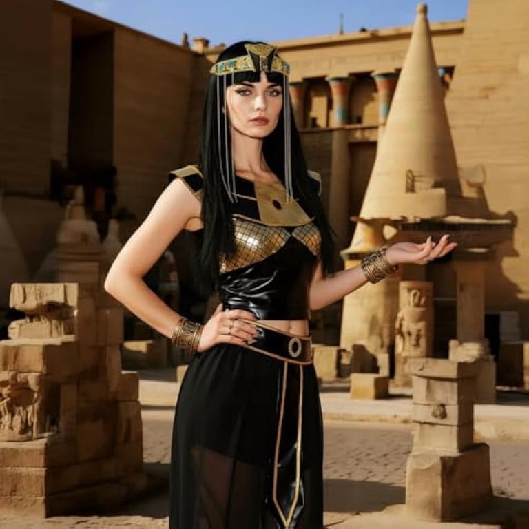 Egyptian Queen Cleopatra Costume, Black and Gold Dress with Scale Collar,  Headpiece and Belt, Adult Standard Size