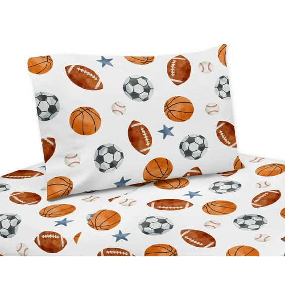 Sweet Jojo Designs Watercolor Sports Theme Boy Queen Size Sheet Set 4 Piece