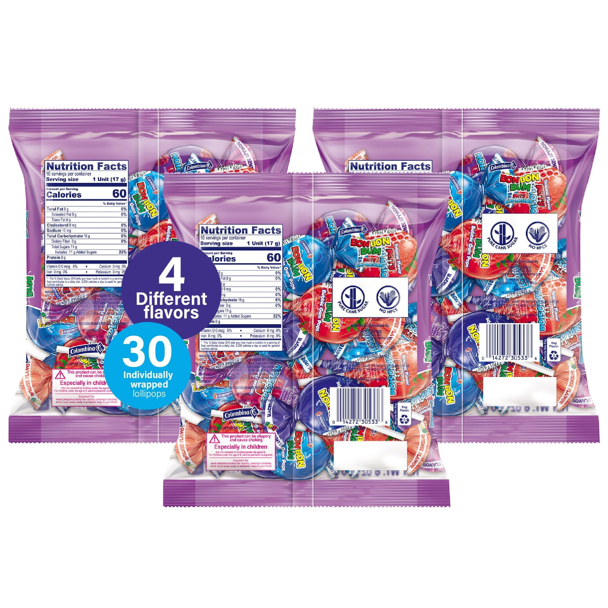 Colombina Bon Bon Bum Lollipops w/Bubble Gum Center, Berry Explosion Mix, Individually Wrapped, Ideal for Party Favors and Gifts, 3 Pack (30 Count)