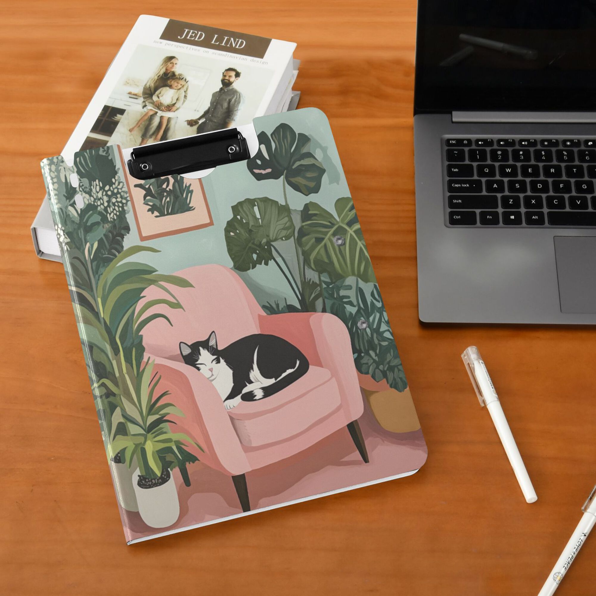 FORMRS A4 Clipboard Folder with Pen Holder Horizontal Foldable School Office Binder, Pink Sleeping Cat