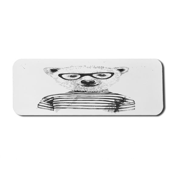 Animal Computer Mouse Pad, Dressed up Hipster Nerd Smart Male Bear in Glasses Fun Character Animal Art Print, Rectangle Non-Slip Rubber Mousepad Large, 31" x 12", Black White, by Ambesonne