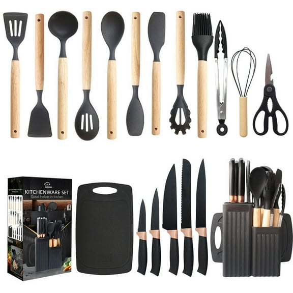 Silicone Cooking Utensils Kitchen Utensil Set - 446°F Heat Resistant Silicone Kitchen Utensils Set, Spatula,Turner Tongs, Spoon, Brush, Whisk,Kitchen Gadgets for Nonstick Cookware, BPA Free (black)