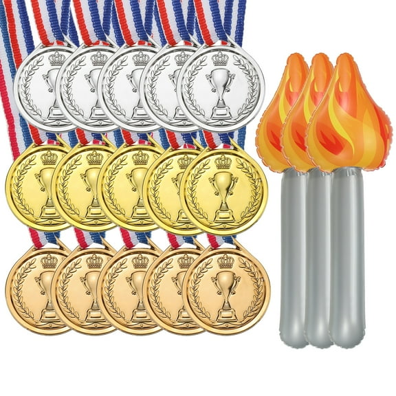 Uxcell 15 Pcs 1.5" Plastic Gold Silver Bronze Medals with Trophy & 3 Pcs Inflatable Torch Props