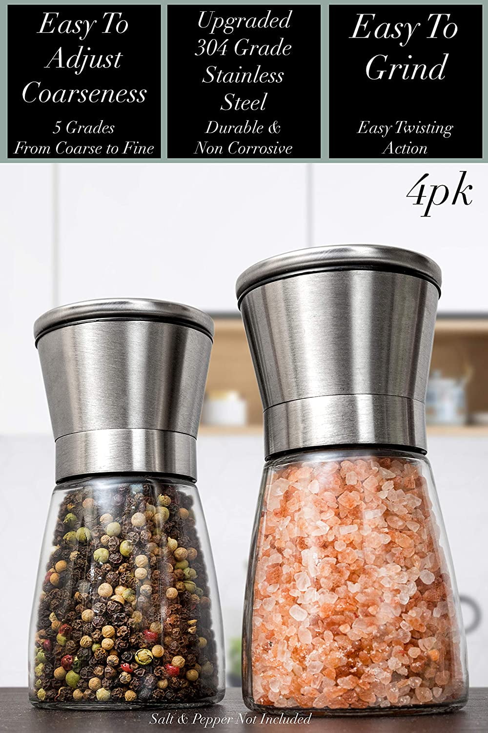 Salt and Pepper Grinder Set, Trofoty Stainless Steel Sea Salt & Pepper  Grinder Refillable Set, Manual Adjustable Ceramic Salt and Pepper Grinders