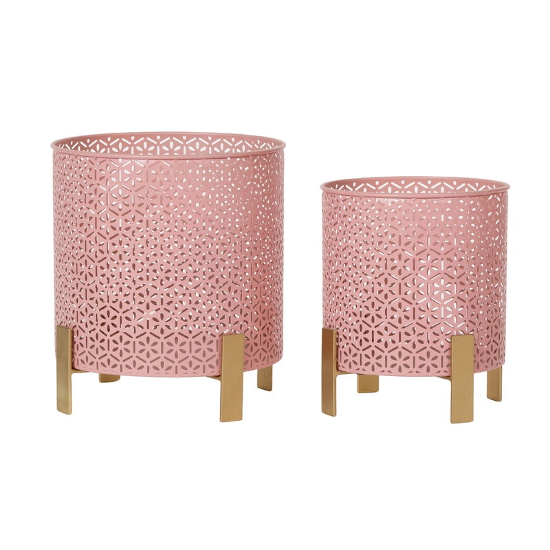 2-Piece Modern Metal Planter Pot With 4-Leg Gold Metal Base - Pink - 12"H x 11"W / 10"H x 9"W