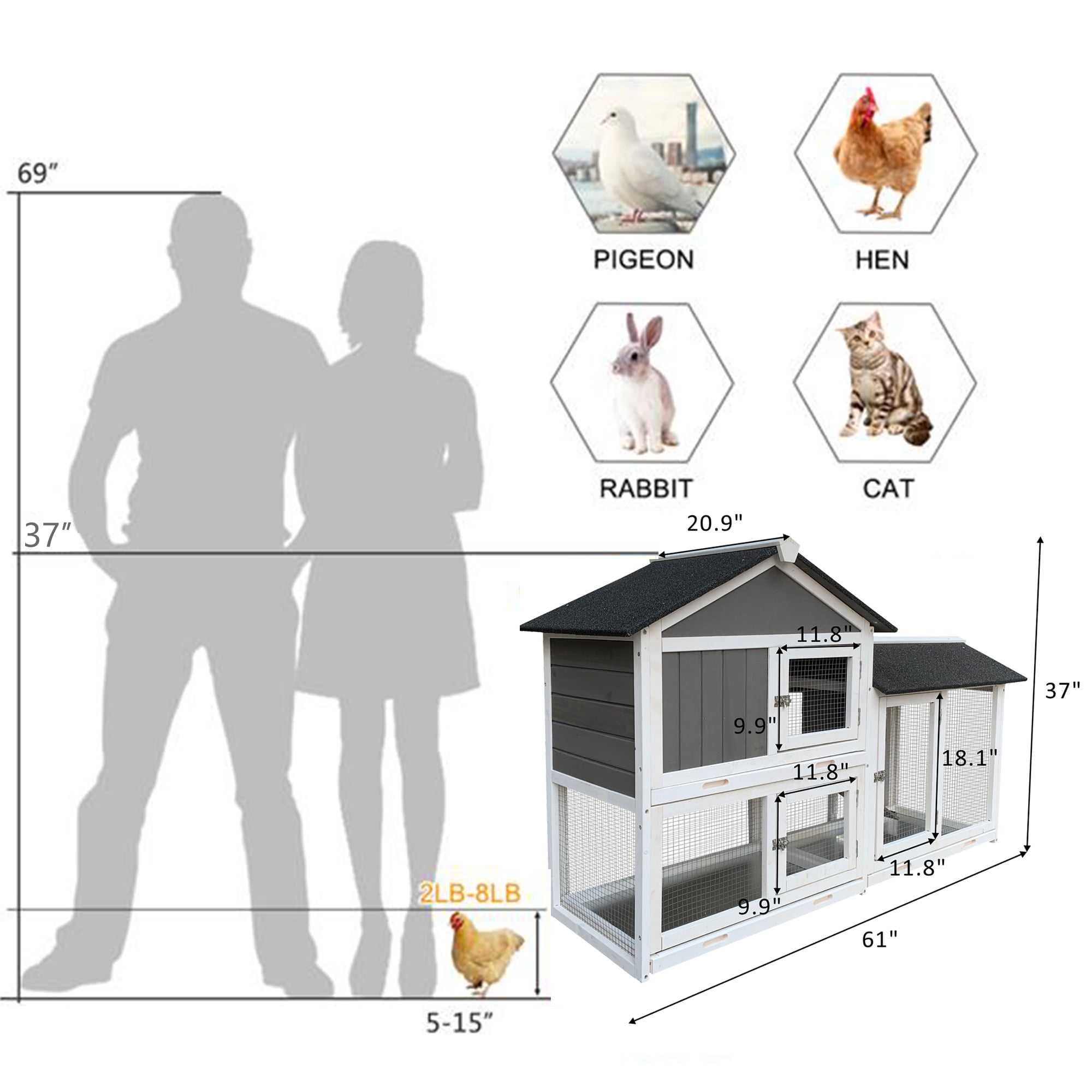Segmart 61" Rabbit Hutch, Outdoor Indoor Chicken Coop Cage with Run, Wooden Guinea Pig Pet House Pull-Out Upper Tray, Grey