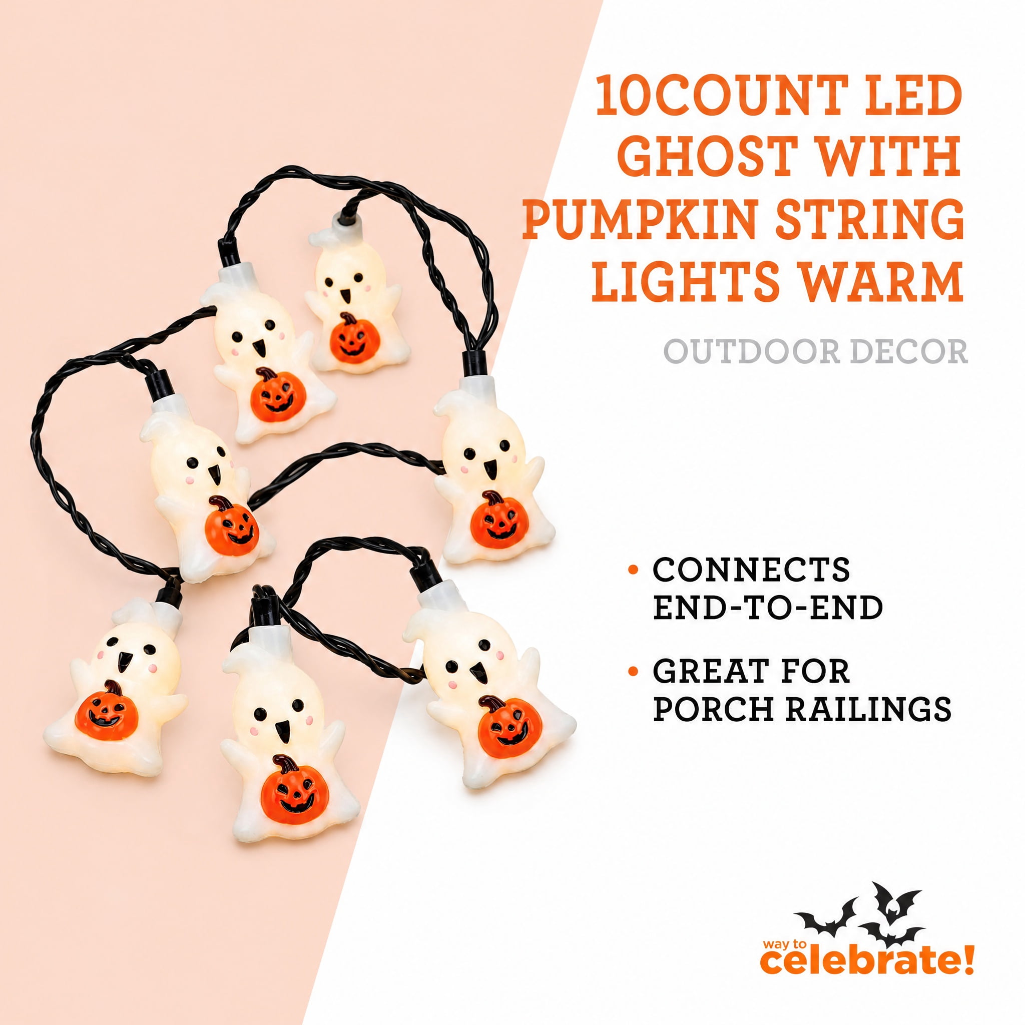 Indoor/Outdoor 10-Count LED Ghost with Pumpkin String Lights, Warm White, 6.5', Halloween by Way To Celebrate