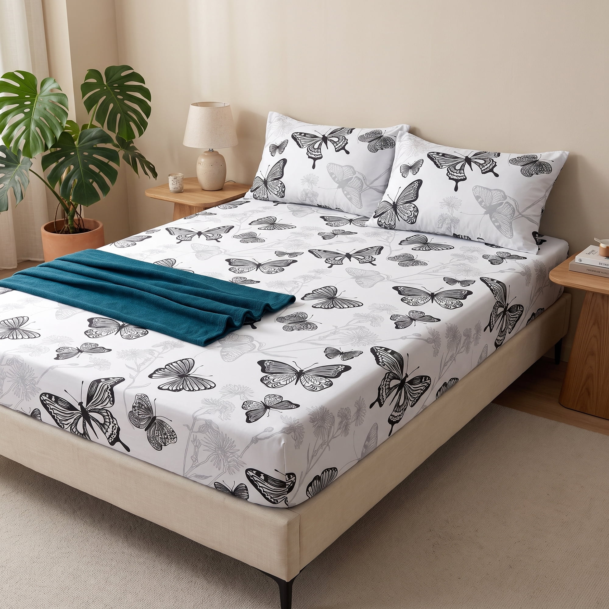 Unique Bargains Fitted Sheet Butterfly Pattern Microfiber Bed Sheets White 60.2"x79.9"