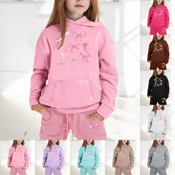 MUXiin Girls Outfits Size 10-12 Cute Print Crew Neck Long Sleeve Warm Hoodie Pullover Sweatshirt Tracksuit Jogger Sweatpants Lightweight,Pink,10-11 Years