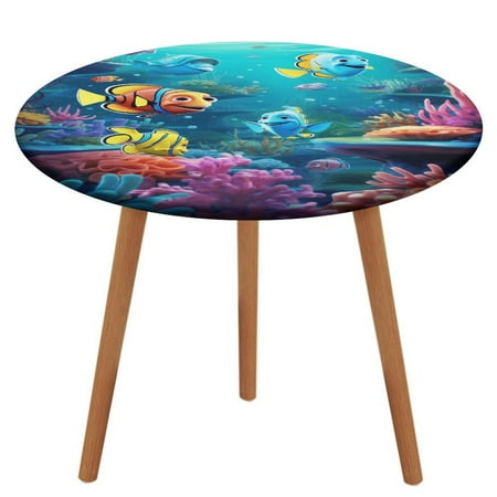 

3D Dream Underwater World Fish Pattern Round Tablecloth Waterproof Elastic Table Clothes for Dining Table Cute Desk Decor Protector Cover