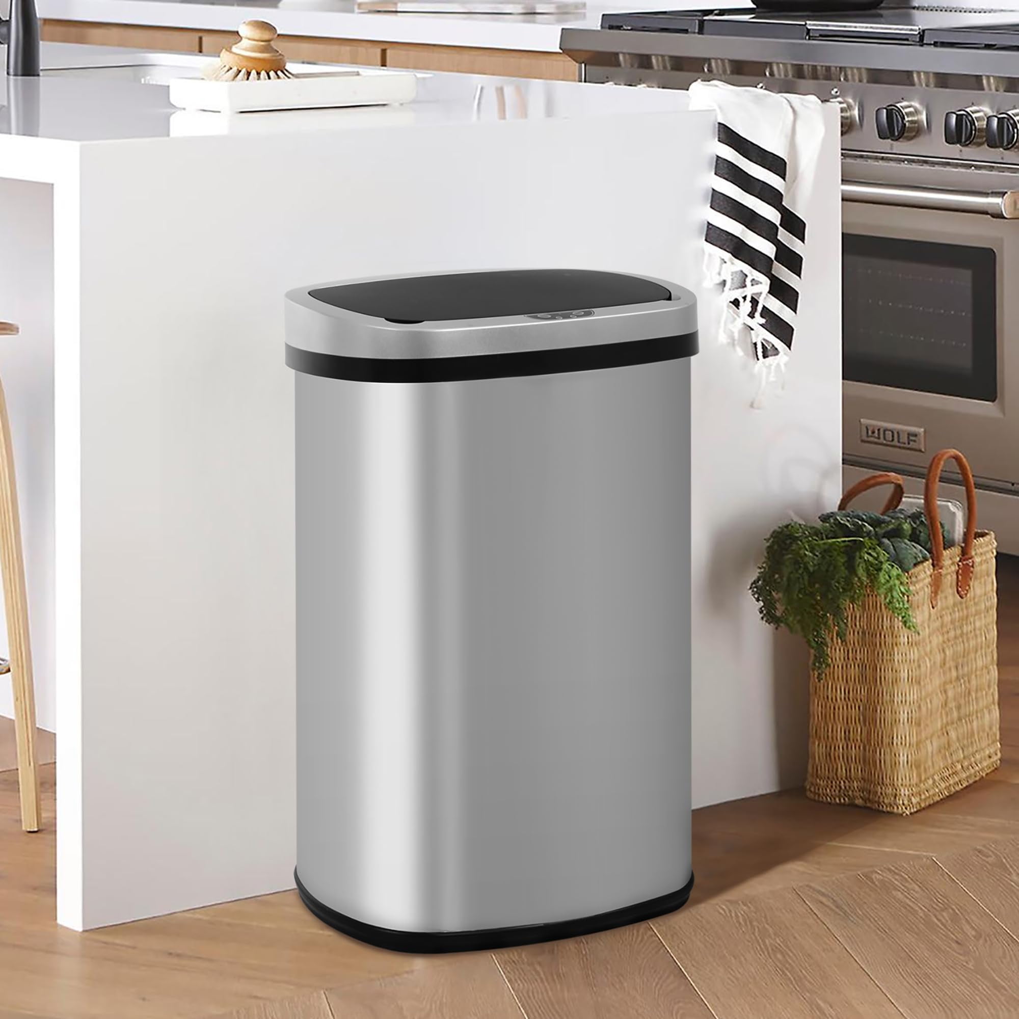 YRLLENSDAN Kitchen Tall Trash Can 13 Gallon Size Touchless Trash Can Motion Sensor Trash Can with Lid Odor-free Automatic Garbage Can 13 Gallon Waterproof Stainless Steel Trash Bin, Silver