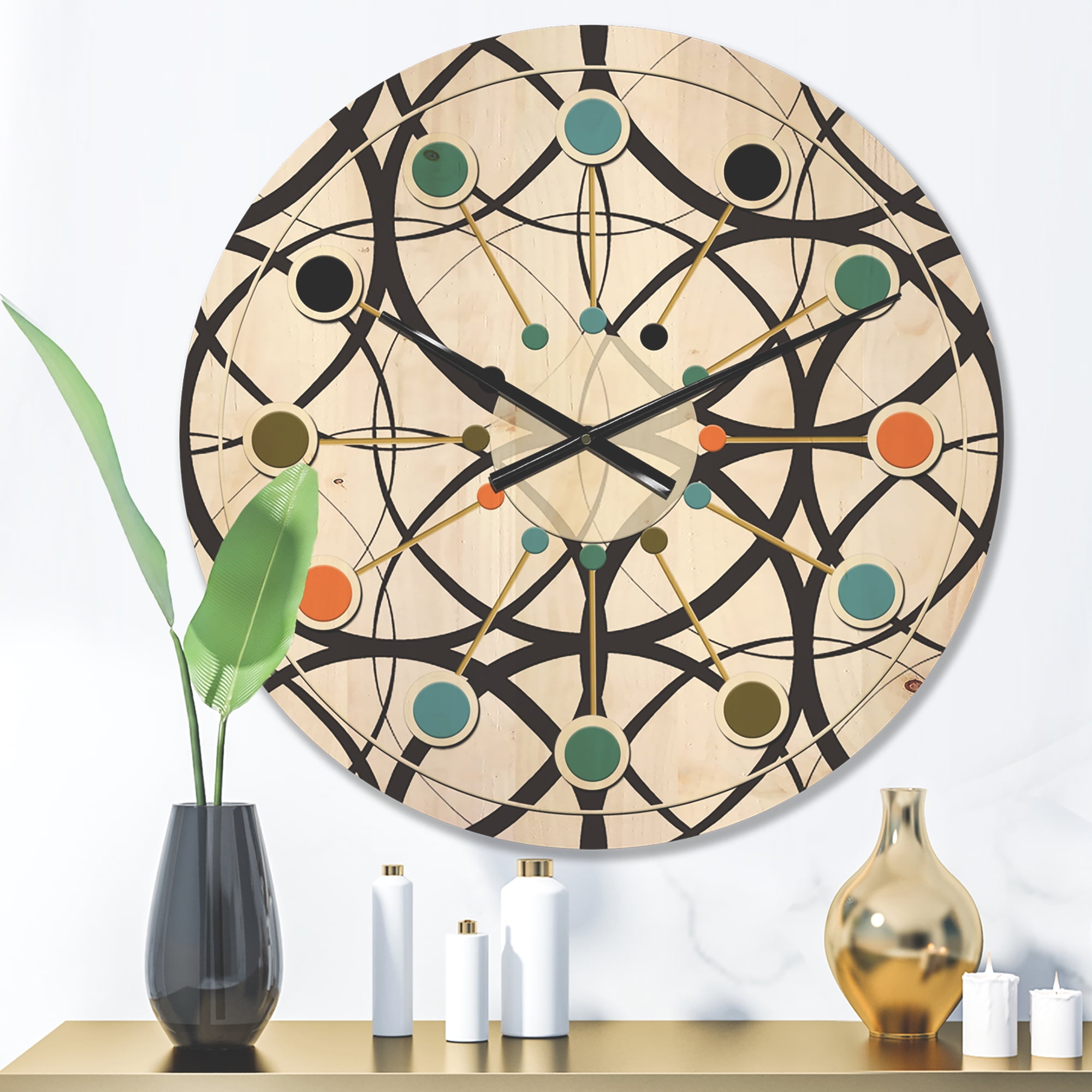 Designart 'Black and White Geometric Pattern I' Mid-Century Modern Wood Wall Clock