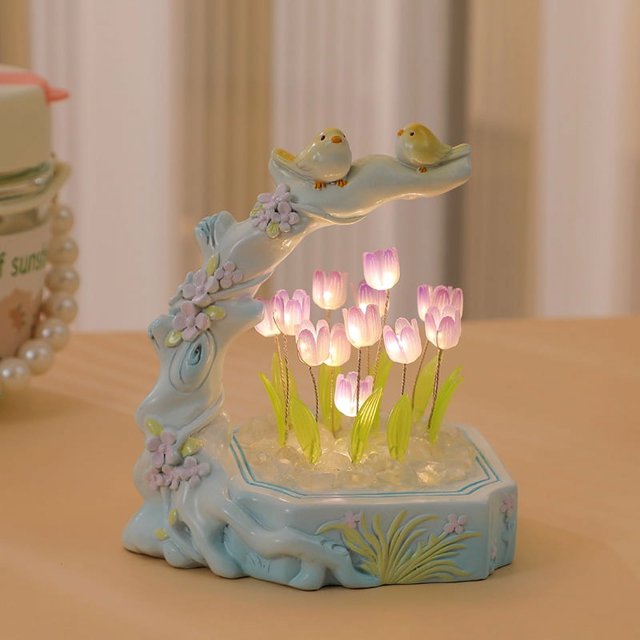 Lámpara de noche con forma de tulipán, flor y pájaro, decoración artística, decoración de escritorio, manualidades, regalo para amigos, regalo de mano