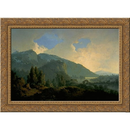 Mountain River Solid Wood - An Italian Landscape with Mountains and a River 24x18 Gold Ornate Wood Framed Canvas Art by Joseph Wright