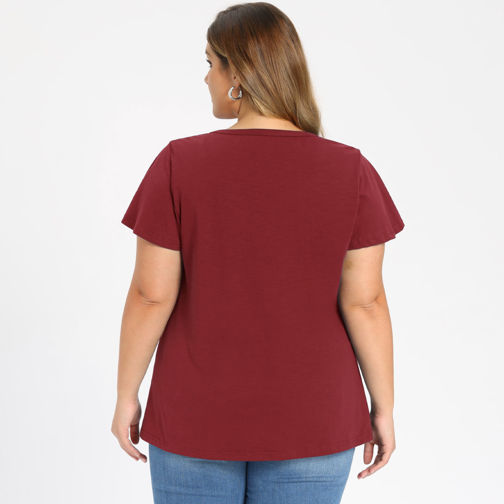 DARING DIVA Women's Plus Women's Tops Button Notch Neck Ruffle Sleeve Blouse 2X ‌Burgundy‌