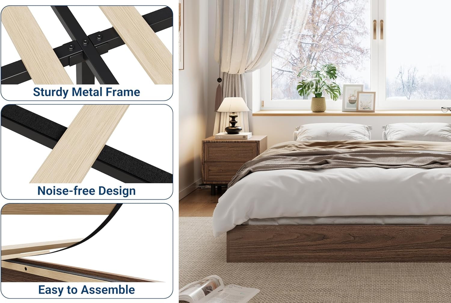 GAOMON 55 Inch Full Wood Platform Bed Frame,Wooden Bed Frame Without Headboard, Wood Slat Support, No Noise , No Box Spring Needed,Easy Assembly,Walnut