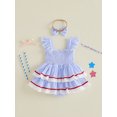 thumbnail image 6 of Newborn Baby Girl 4th of July Outfit Letter Flag Pattern Lace Trim Striped Layered Fly Sleeve Romper Dress Headband Set Infant Summer Clothes, 6 of 9