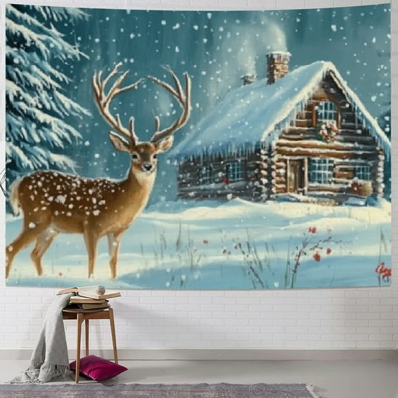 BCIIG Deer Snow Cabin Tapestry Wall Hanging Unique Style Graphic Tapestries Home Wall Decor Art for Living Room Bedroom Apartment Farmhouse Dorm Wall Art Tapestry Wall Beautification Decoration