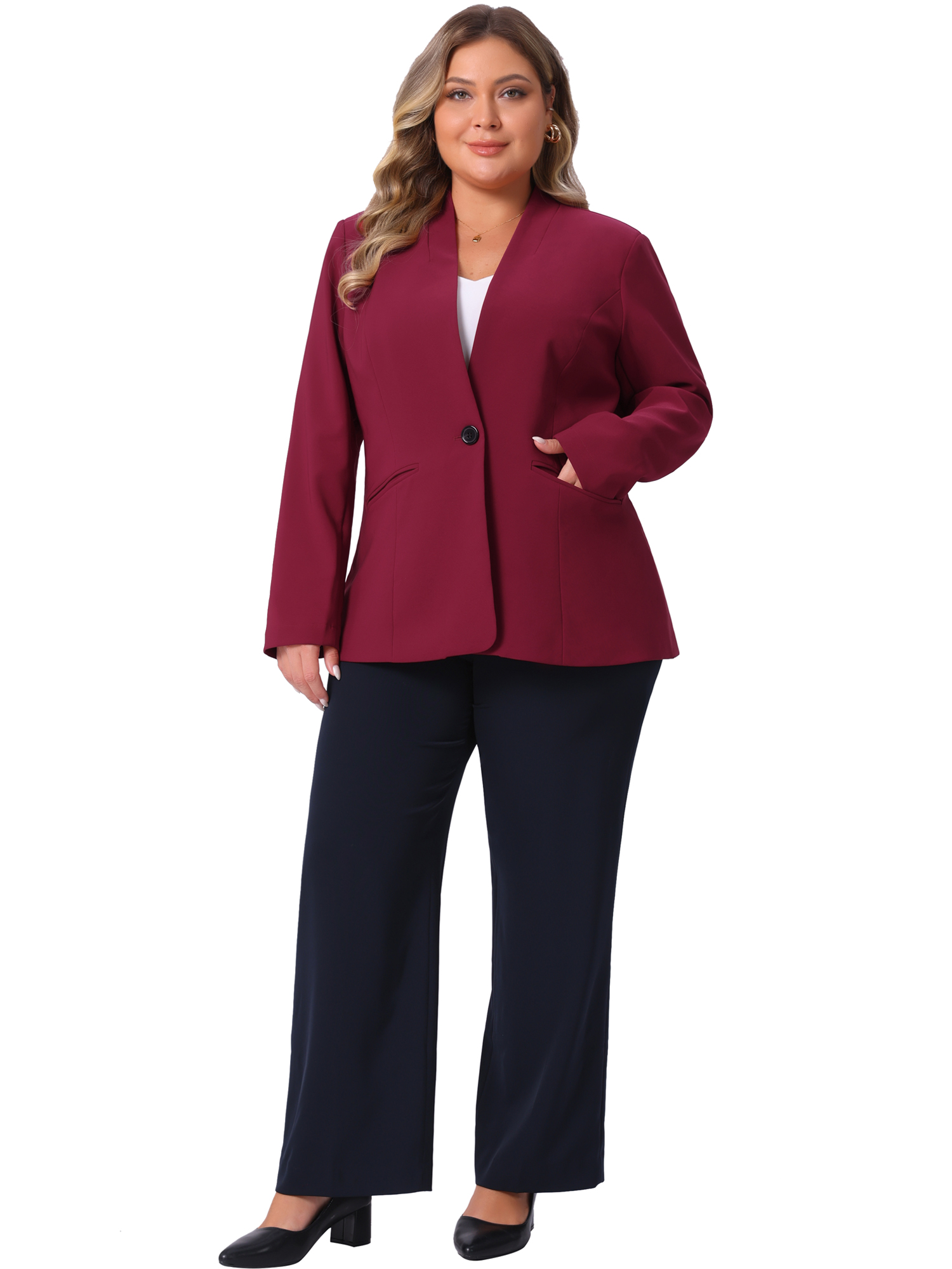 DARING DIVA Women's Plus Blazer Business Open Front Work Office Jacket 1X Burgundy