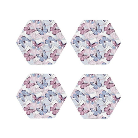 

Fuzoiu Butterflies in Pastel Print Leather Coasters Set Drink Coasters Set of 4 for Tabletop Protection Durable PVC Coasters Home Décor and Housewarming Gift-Hexagon