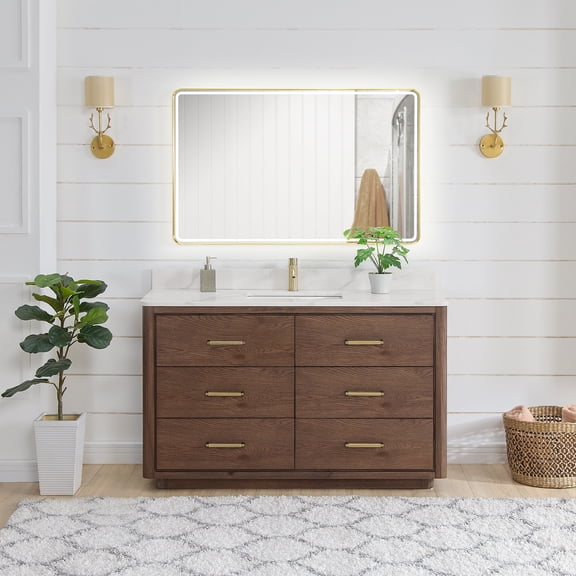 Porto 55" Aged Dark Brown Oak Single Bath Vanity with Fish Maw White Quartz