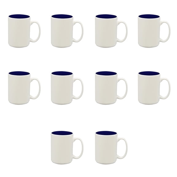 10 Glossy Two-Tone Ceramic Mugs Set, 15 oz. - Stoneware, Smooth, Durable, C-handle - Blue