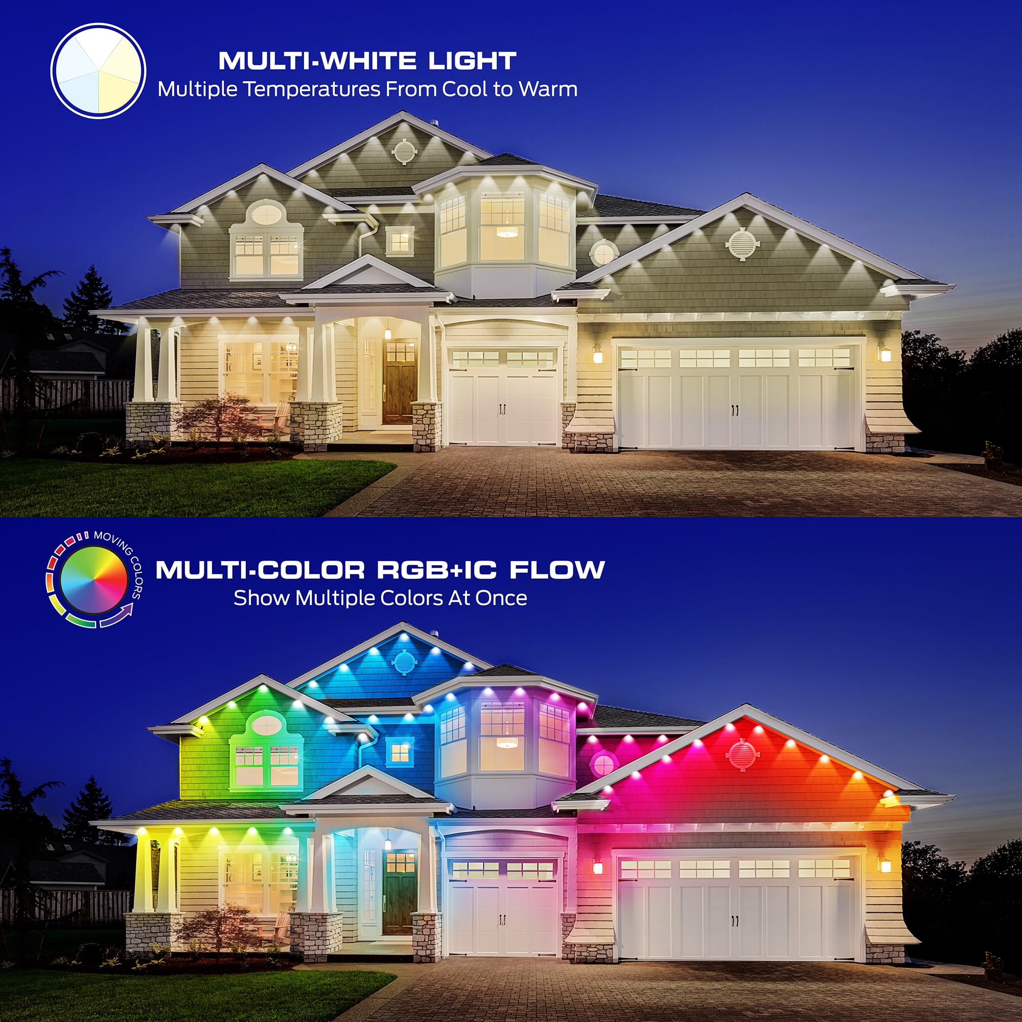Monster 100 ft Permanent Outdoor Lights Smart   – 72 RGBIC LEDs, Multi-White & Full Color, All-Weather Waterproof, App & Voice Control – Holiday & Year-Round Outdoor String Lighting
