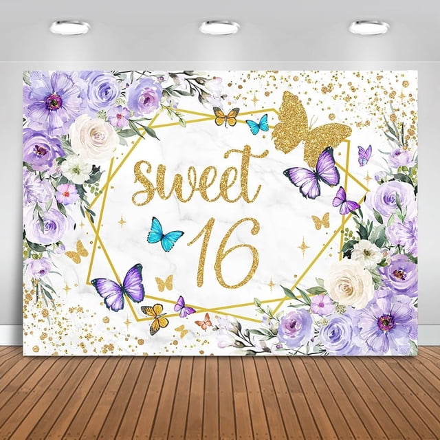 Fondo personalizado para quinceañeras con diseño de mariposas moradas y flores, ideal para fiestas de cumpleaños de niñas, accesorios para fotomatón (2,1 x 1,5 m)