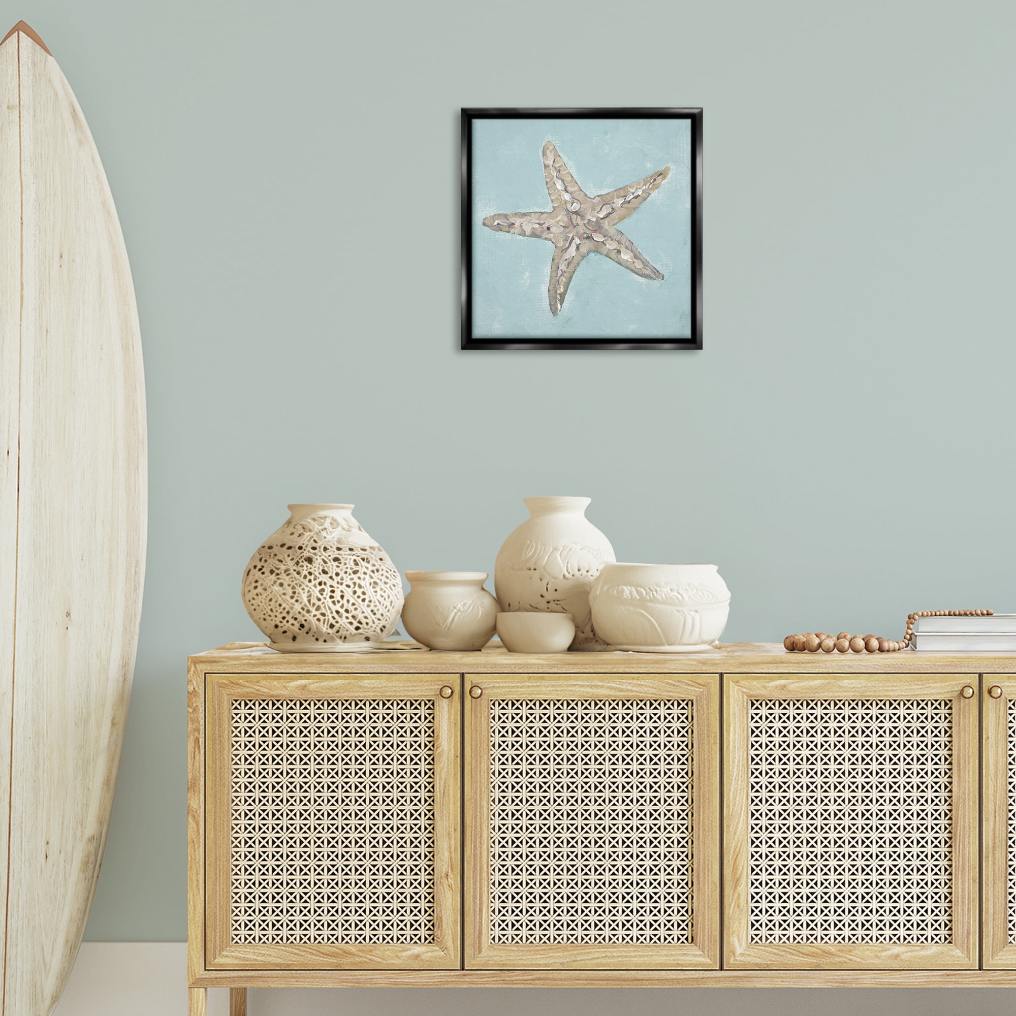 Stupell Industries Blue Starfish Impression Coastal Painting Black Floater Framed Canvas Art Print Wall Art, 18 x 18