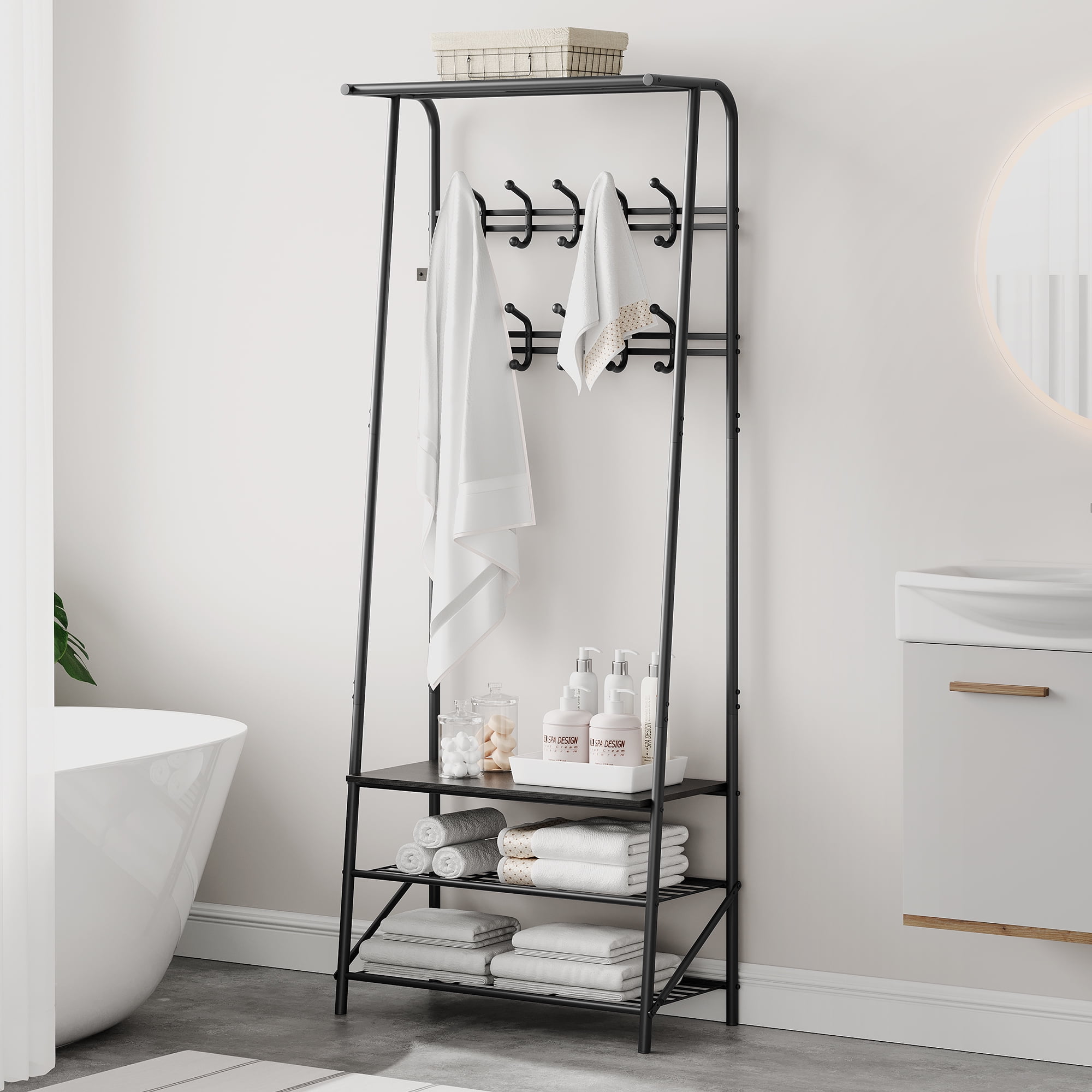 Hall Tree Coat Rack with Shoe Storage Bench – 10 Hooks & Clothes Rail, Wood Look & Metal Frame, Entryway Organizer for Hallway – Black – Double Row Hook, 60cm Width
