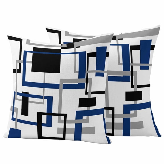 Blue Black Geometric Outdoor Waterproof Pillow Covers, Modern Minimalist Stripes Aesthetic Decorative Square Throw Pillowcase Sofa Cushion Sham for Patio/Couch/Chair, 16"x16" 2 Pack