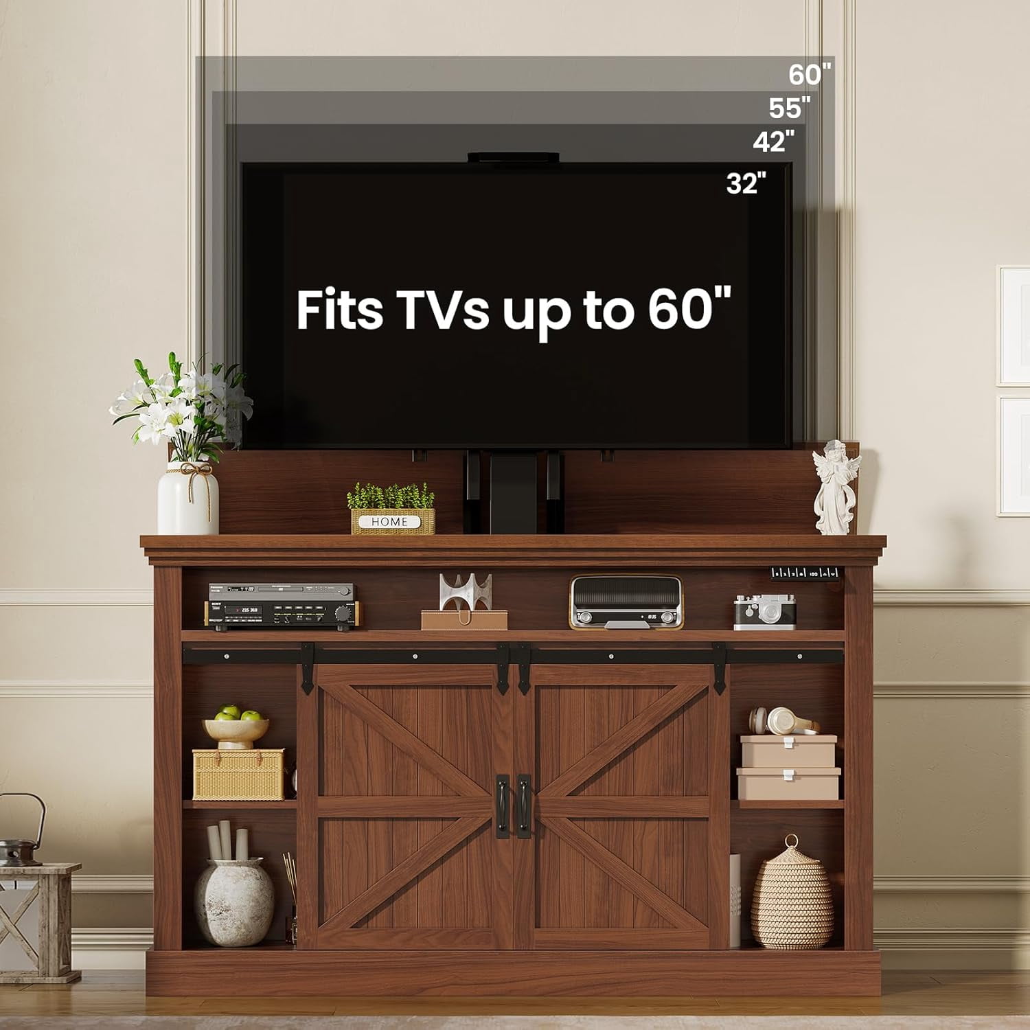 Motorized TV Lift Cabinet for 55-60” TVs, Farmhouse TV Stand, Entertainment Center with Storage Cabinets & Sliding Barn Doors, TV Media Console Table with Charging Station for Living Room, Brown