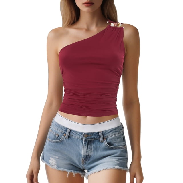 Camiseta corta sexy con hombros descubiertos y pedrería para mujer: corte ajustado, largo corto, para combinar con pantalones de cintura alta (tallas S-L)