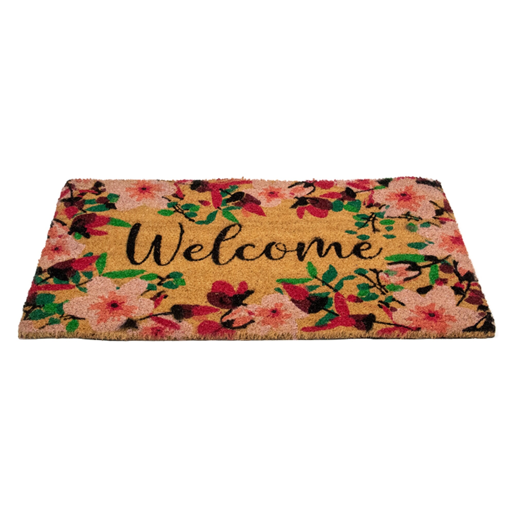 Natural Coir Blossoming Floral Outdoor Rectangular "Welcome" Doormat - 30