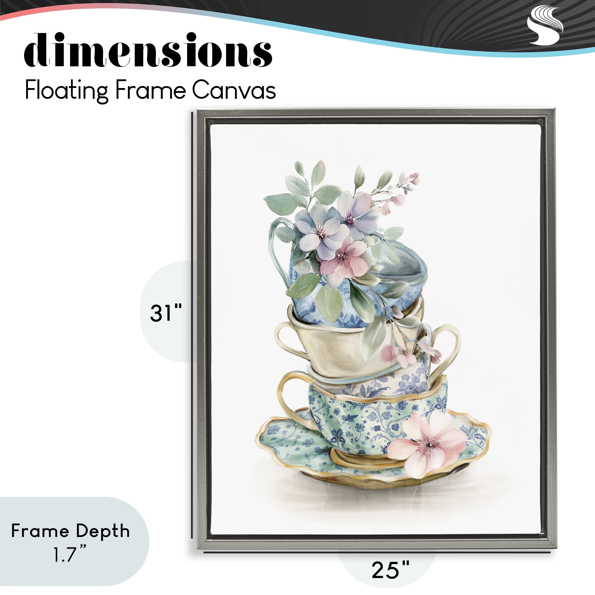 Stupell Industries Floral Teacup Chinoiserie Gray Framed Floater Canvas Wall Art, design by Kim Allen